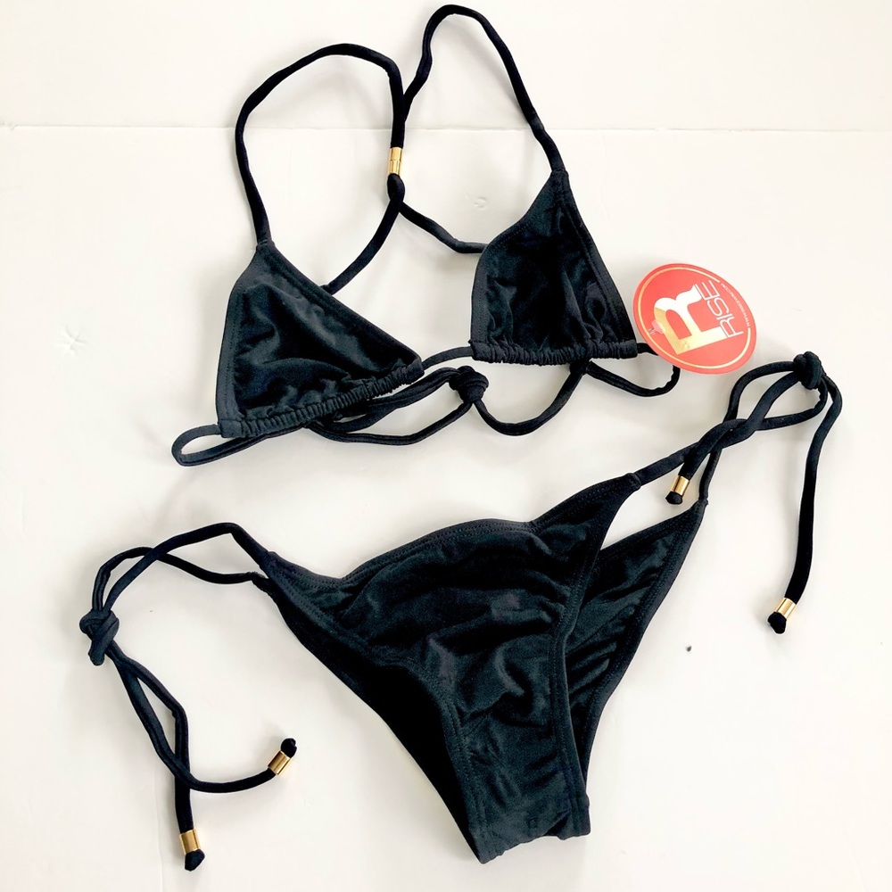 Rise Swim Black Two Piece String Bikini Thong Bottom Size Small